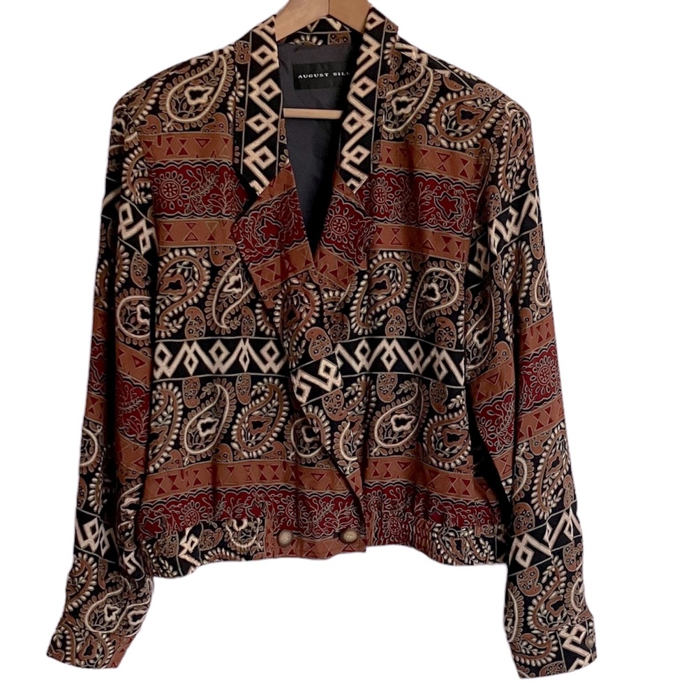 Vintage August Silk Brown Mixed Pattern Bomber Look Jacket